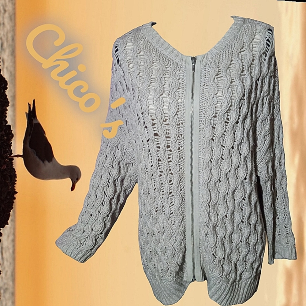 0001 Chico's Size 2 Cable Knit Cotton 3\4 Sleeve Zippered Cardigan